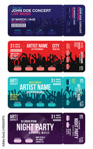 Set of concert ticket templates. Concert, party or festival ticket design template with people crowd on background, Creative ticket mockup for entrance to event