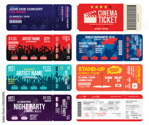 Concert, cinema, airline and football ticket templates. Collection of tickets mock up for entrance to different events. Creative tickets isolated on white background photo