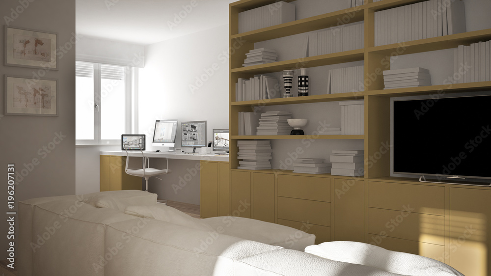 Modern living room with workplace corner, big bookshelf and window, minimal white and yellow architecture interior design