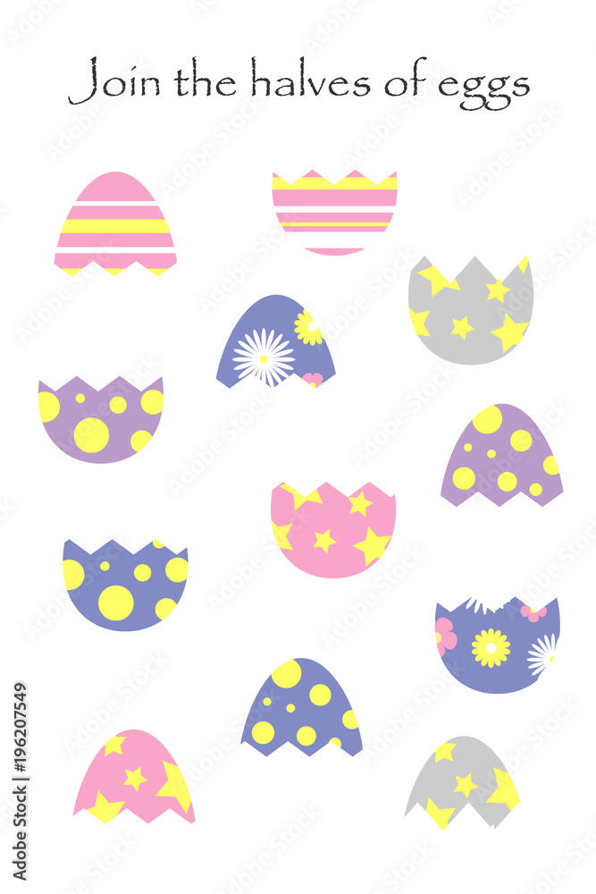 Find the second part of easter eggs in cartoon style for children, join the halves, preschool worksheet activity for kids, task for the development of logical thinking, vector illustration