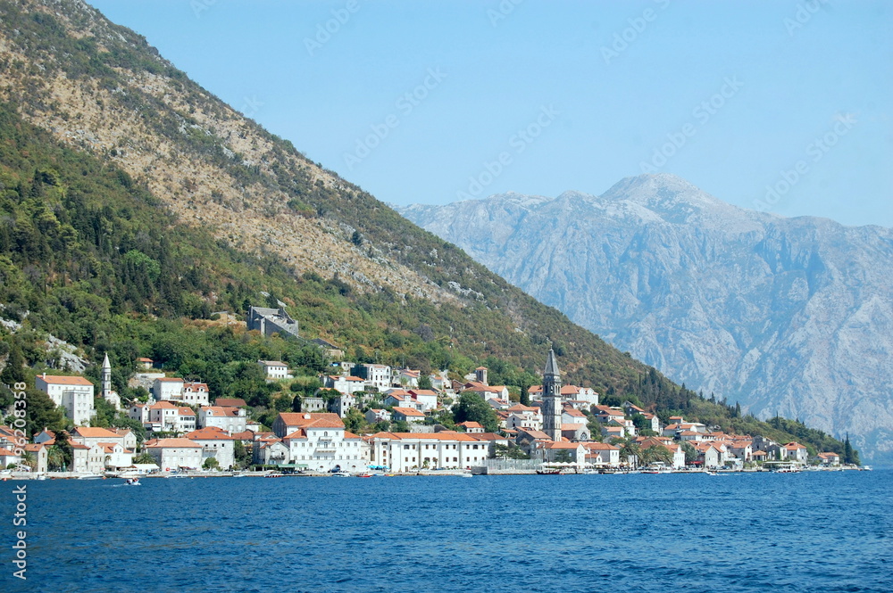 The town of Perast on a hillside in the Bay of Kotor.