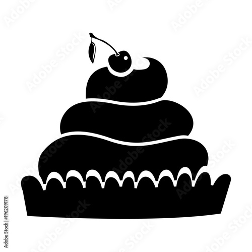 Simple cream pasty icon with cherry on top. Bakery food solid vector symbol