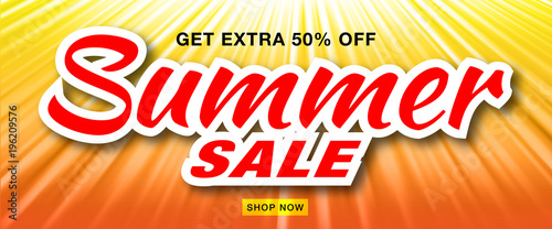 Summer sale template vector banner with sun rays.  Glow horizontal sunlight orange background. Sunshine glare heat with flash rays and bubbles backdrop. Campaign sale 50% off. Vector illustration. 