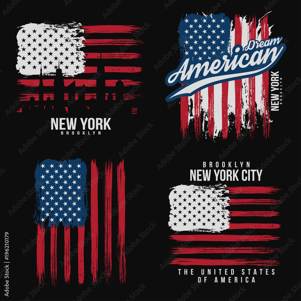 T-shirt graphic design with american flag and grunge texture. New York  typography shirt design. Set of modern poster and t-shirt graphic design  Stock-Vektorgrafik | Adobe Stock