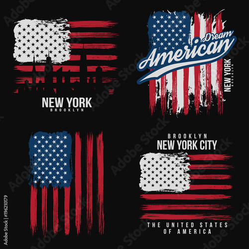T-shirt graphic design with american flag and grunge texture. New York typography shirt design. Set of modern poster and t-shirt graphic design