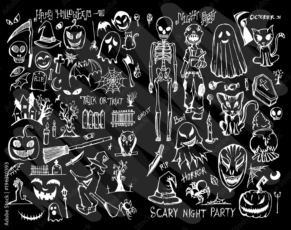 Hand drawn doodle vector halloween set on Chalkboard eps10