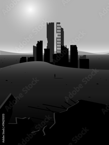 dystopian future vector, desolate landscape with city ruins in desert, post apocalyptic scene