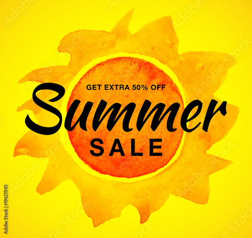 Vector summer sale template banner with watercolor sun on yellow background. Yellow sun with realistic paper watercolor texture. Campaign sale 50% off. Aquarelle design element. Vector illustration. 