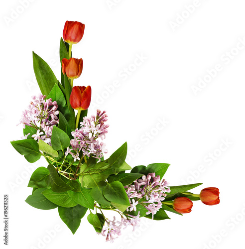 Fototapeta Naklejka Na Ścianę i Meble -  Red tulip and lilac flowers in corner arrangement