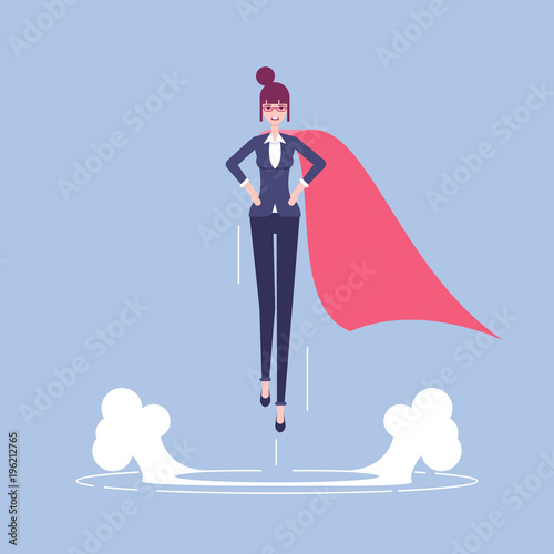 Successful business woman or female office worker in suit and red cape takes off up vector flat illustration. Business concept career growth and leadership