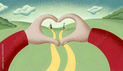 Couple walking in different directions seen through heart shape