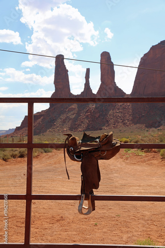 Horse Saddle on the Fence in Monument Valley. Arizona. USA