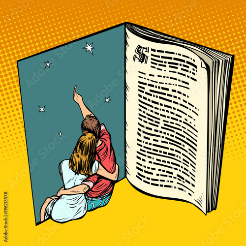 Couple in love young man and girl. Book novel fairy tale dream