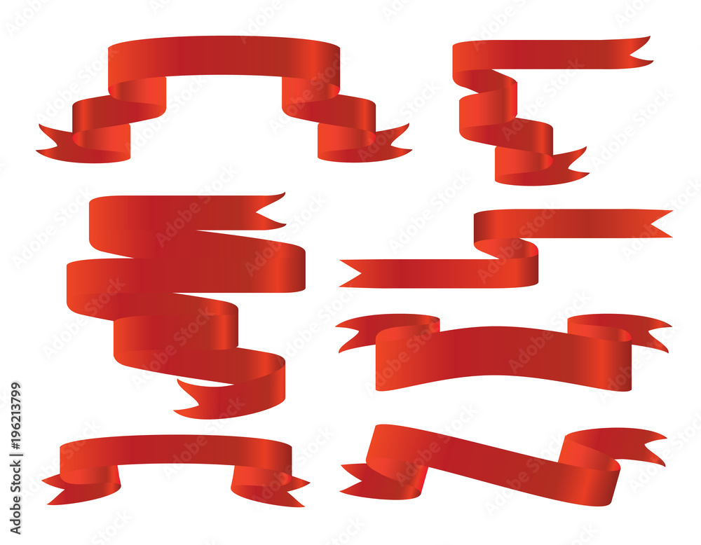 Red glossy ribbon banners set. Ribbons collection isolated on white background Red glossy ribbon banners set. Ribbons collection isolated on white background