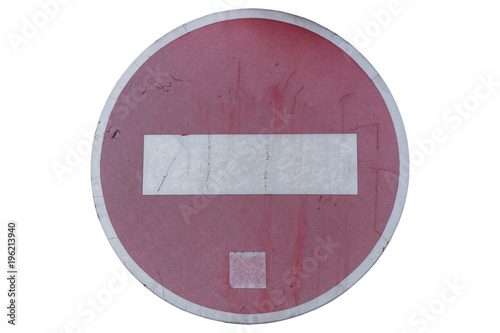 Old road discoloured sign 'No entry' isolated on white photo