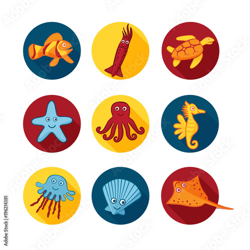 Cute vector sea animals icons in color circles for stickers and icons for children designs photo