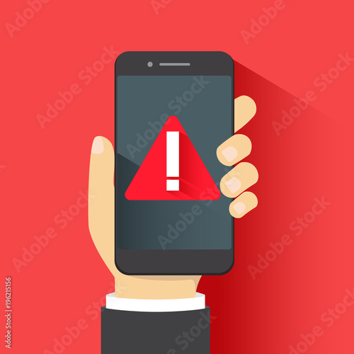 Concept of malware notification or error in mobile phone. Red alert warning of spam data, insecure connection, scam, virus.