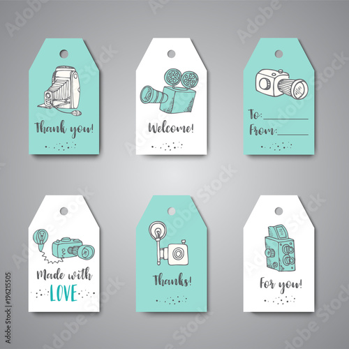 Tags for photo studio or photographer. Hand drawn doodle cartoon retro photo cameras, vector illustration Sketchy photo theme