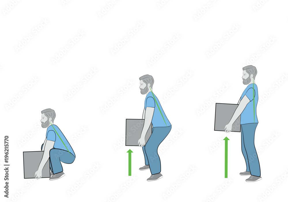 Correct posture to lift a heavy object safely. Illustration of health care. vector illustration 