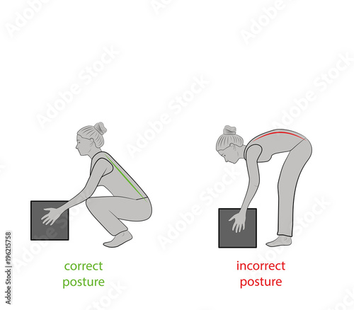 Correct posture to lift a heavy object safely. Illustration of health care. vector illustration
