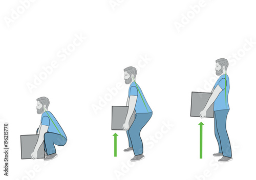Correct posture to lift a heavy object safely. Illustration of health care. vector illustration  photo