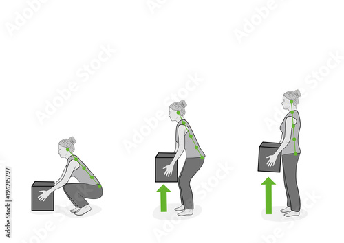 Correct posture to lift a heavy object safely. Illustration of health care. vector illustration 