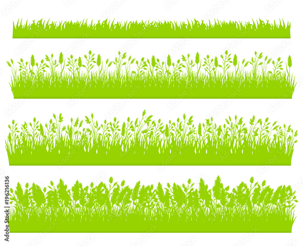 Green grass silhouette borders set isolated on white background vector ...