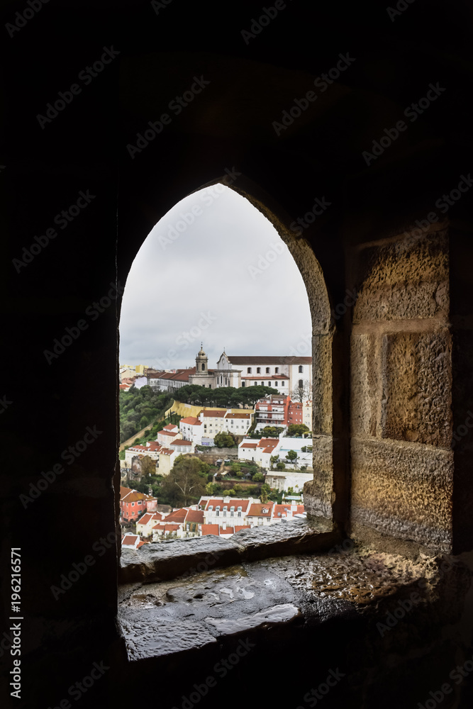 Window at sao paulo castle with view in lisbon, portugal