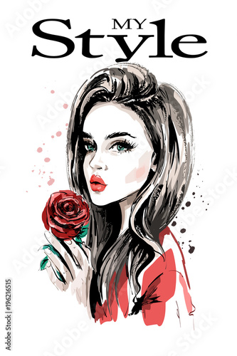 Hand drawn beautiful young woman portrait. Fashion woman with red rose. Sketch.