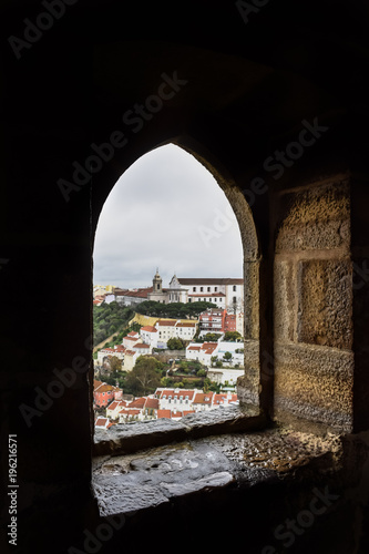 Window at sao paulo castle with view in lisbon, portugal