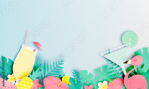 Tropical floral with flamingo and cocktail in paper art style and pastel color scheme