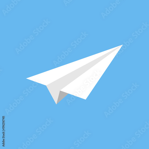 Origami paper plane vector graphic, isolated on blue background. Simple flying paper toy.