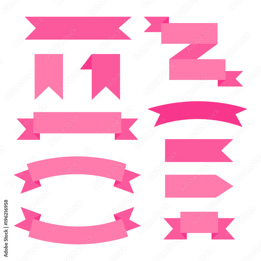 Set of pink web graphic decorative ribbons, vector icons. Different variations of classic ribbon shapes isolated on white background. Set of pink web graphic decorative ribbons, vector icons. Different variations of classic ribbon shapes isolated on white background.