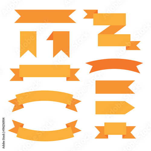 Set of orange web graphic decorative ribbons, vector icons. Different variations of classic ribbon shapes isolated on white background.