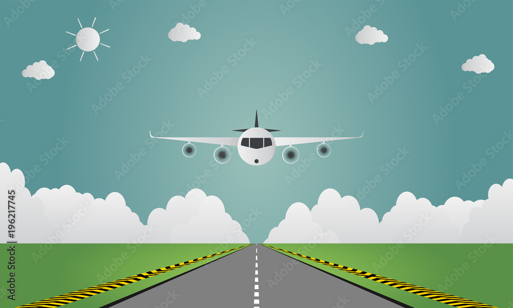 Airplane lands on airport on runway a plane landing or taking off ...