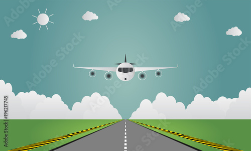 Airplane lands on airport on runway a plane landing or taking off.vector illustration