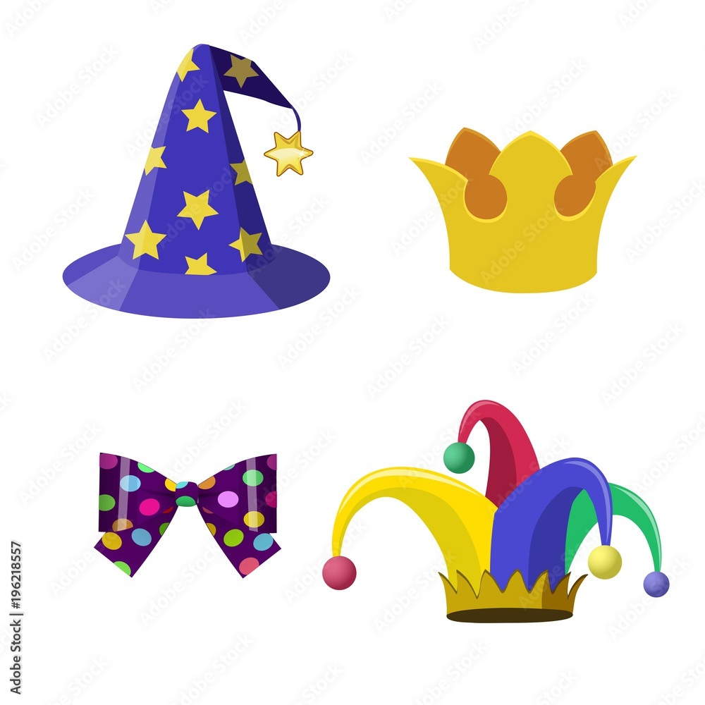 Cartoon vector fun headdresses. Magician hat, Joker cap, crown, bow. Set  Stock Vector | Adobe Stock