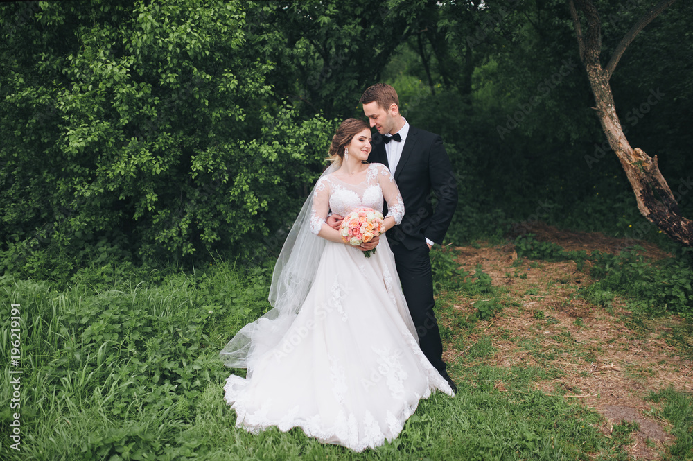 Wedding of the newlyweds. The groom tenderly embraces the bride against the background of green grass and trees. An excellent wedding day.