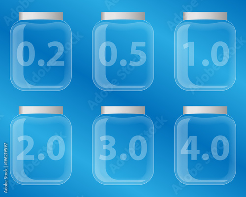 Set of glass jars with volume. Transparent cans with a capacity designation.