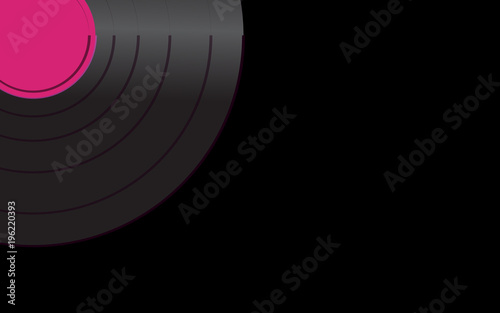 Black vibrant vinyl musical analogue retro old antique hipster vintage gramophone plate with a violet middle for a gramophone on a white background in the left corner. Vector illustration