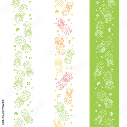 Vector pineapples vertical seamless repeat pattern borders. Summer colorful t...