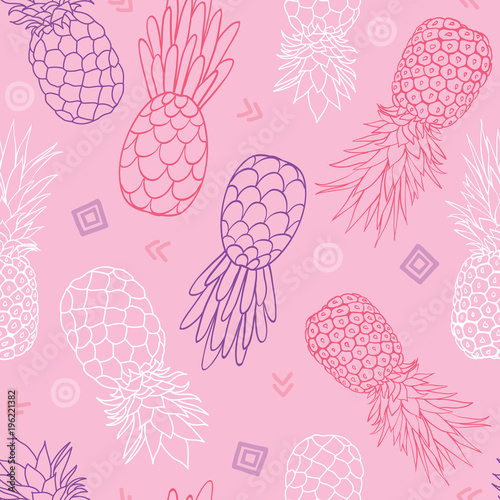 Vector pink and purple pineapples doodle texture summer tropical seamless pat...