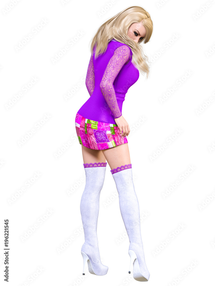 3D beautiful blonde short lilac dress and long boots.Spring-autumn collection.Bright makeup.Woman studio photography.High heel.Conceptual fashion art.Seductive candid pose.Render illustration.
3D beautiful blonde short lilac dress and long boots.Spring-autumn collection.Bright makeup.Woman studio photography.High heel.Conceptual fashion art.Seductive candid pose.Render illustration.