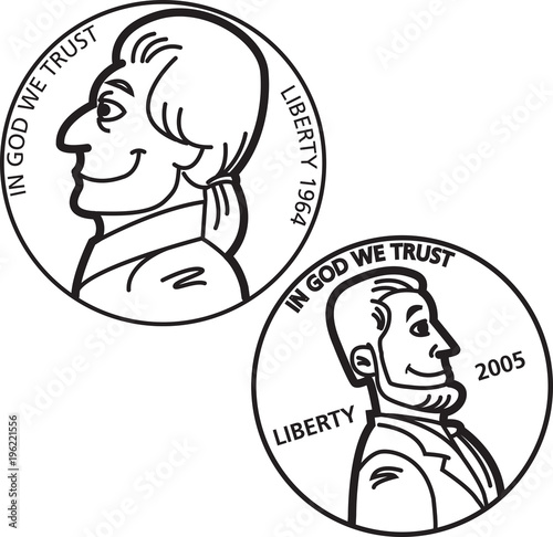 Black and white illustration of a nickel and penny coins.