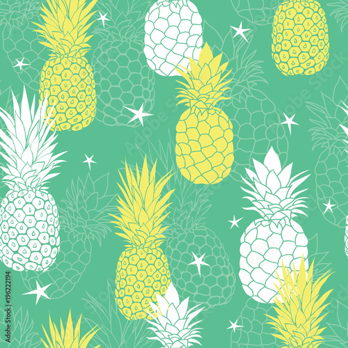 Vector mint green and yellow pineapples and stars summer tropical seamless pa...