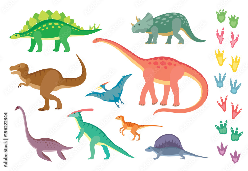 Set of colorful dinosaurs and footprints, isolated on wite background.