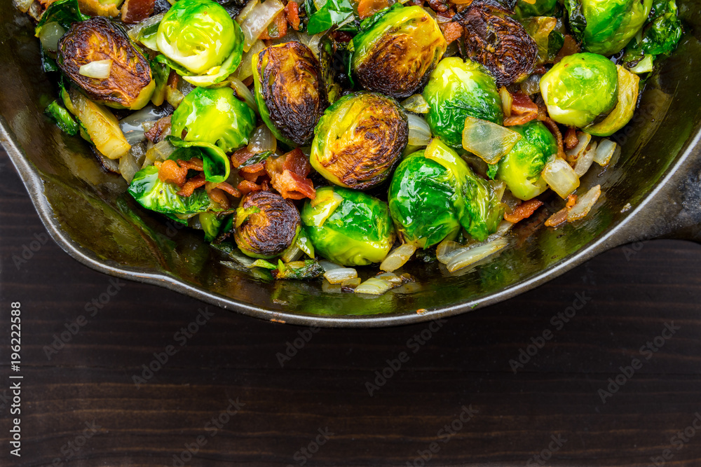 Wide Half View of Roasted Brussels Sprouts and Bacon