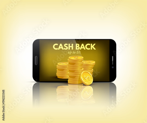 Cash back conceptual illustration. Vector smart phone with stack of coins on yellow background.