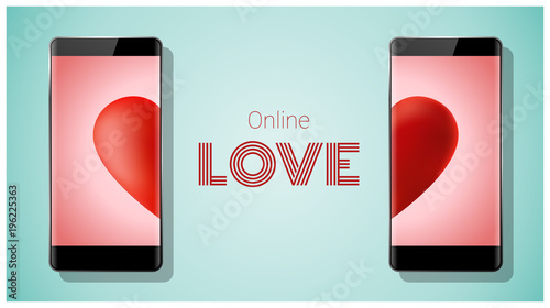 Online dating concept Love has no boundaries with two smartphones matching red heart on screen , vector , illustration