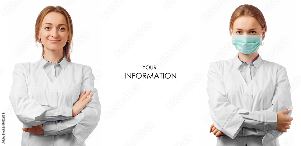 Fototapeta premium Woman doctor in medical gown and masked health medicine set pattern